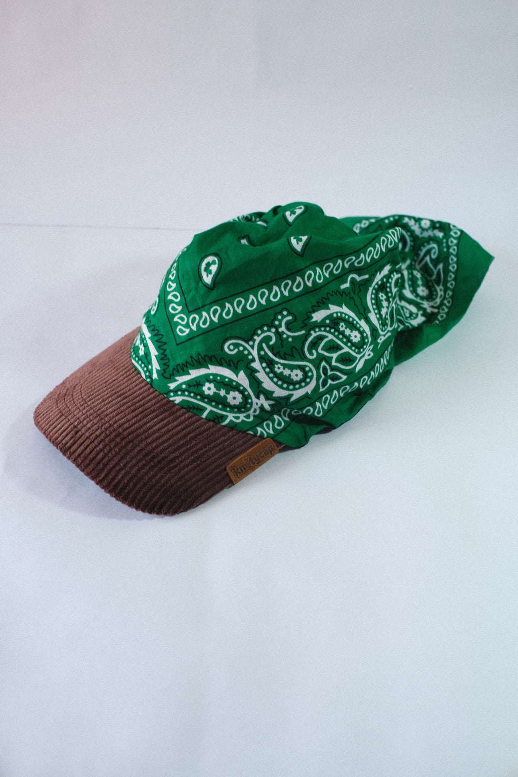Forest green paisley bandana cap with dark brown corduroy brim - Eclipse Kapri hybrid headwear